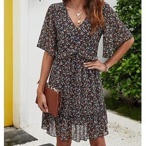 Summer Floral Print V Neck Casual Mini Boho Ruffle Swing Dress (S)